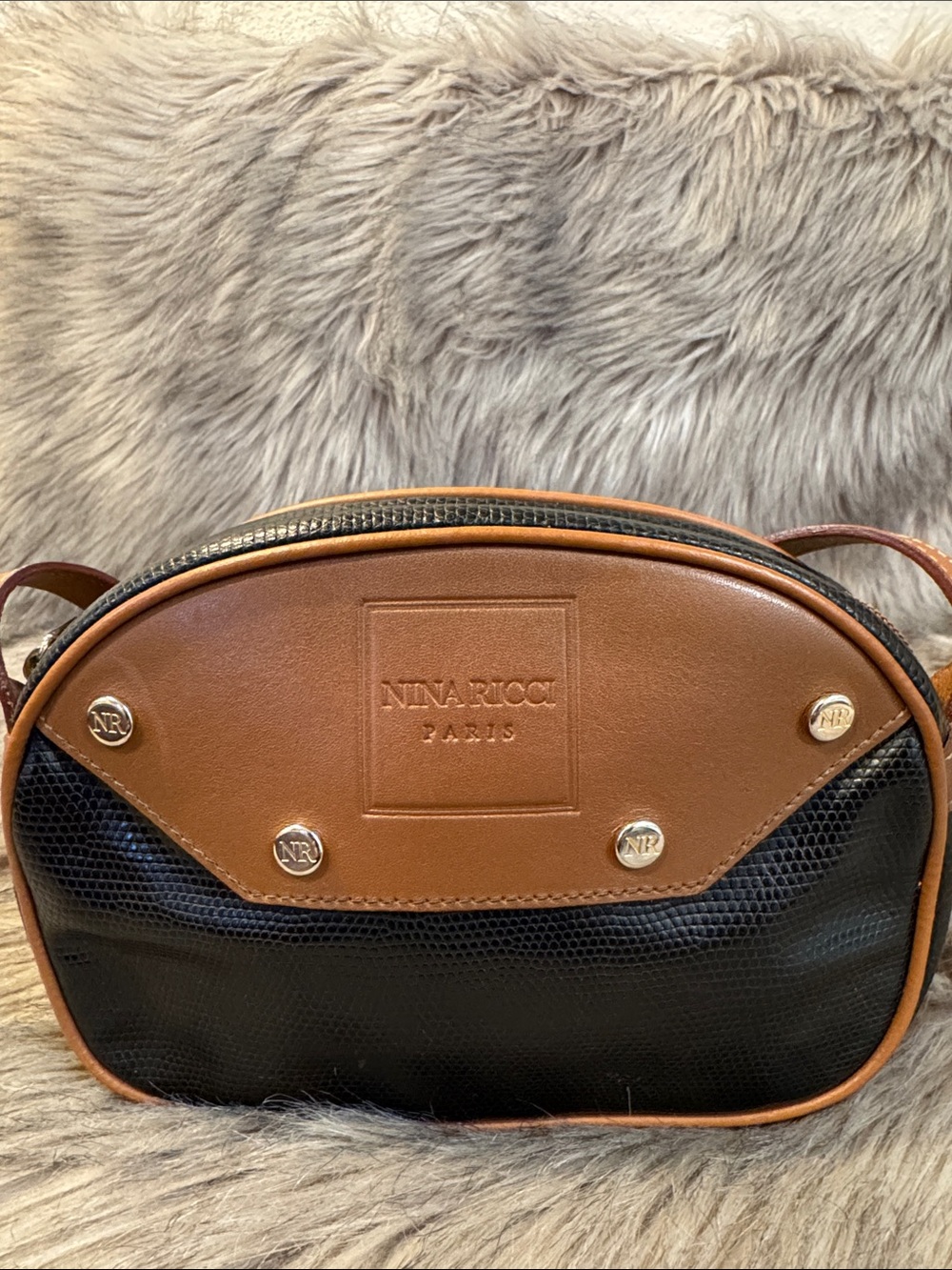 Vintage Nina Ricci Black and Brown Leather Trim Crossbody Bag